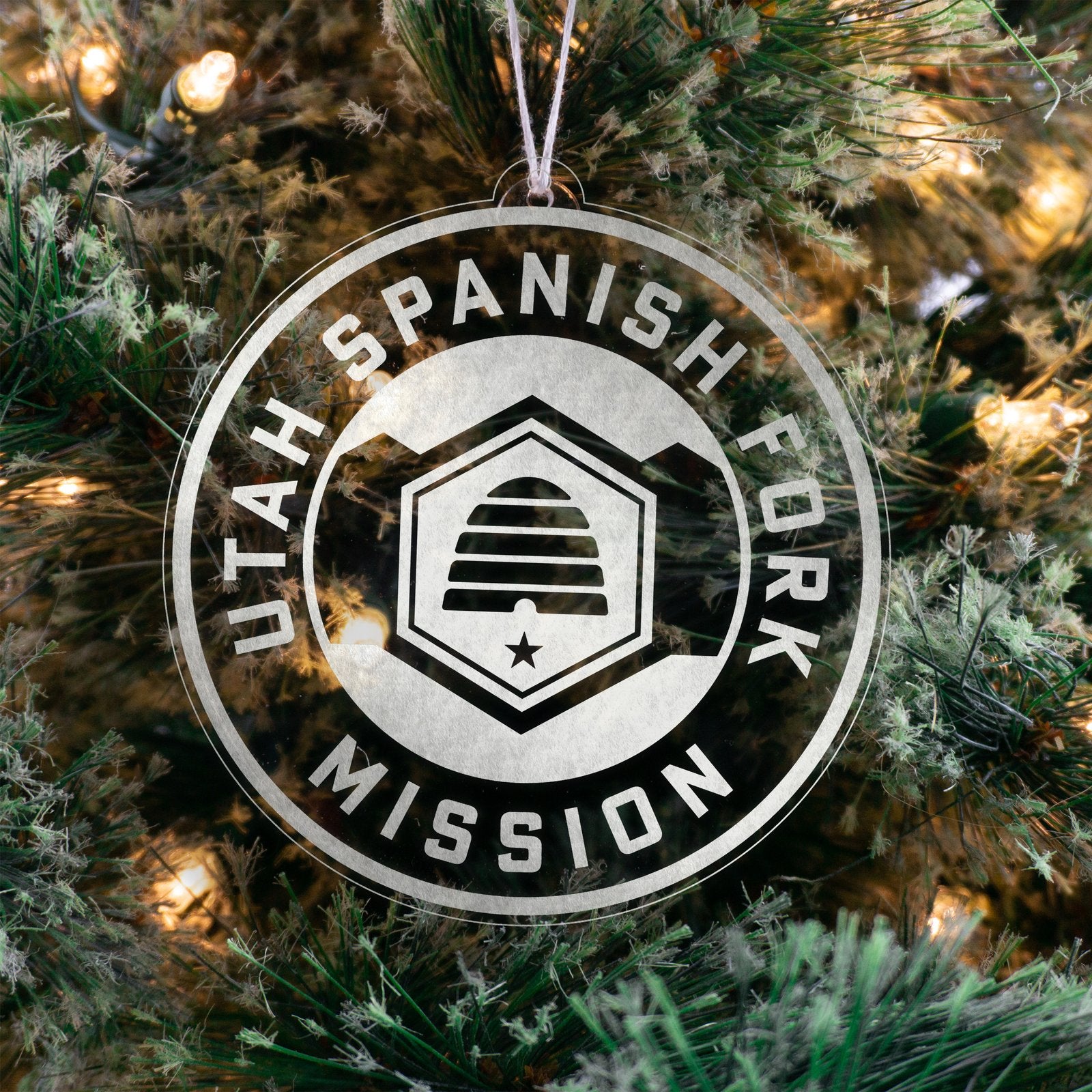 LDS Utah Spanish Fork Mission Christmas Ornament hanging on a Tree