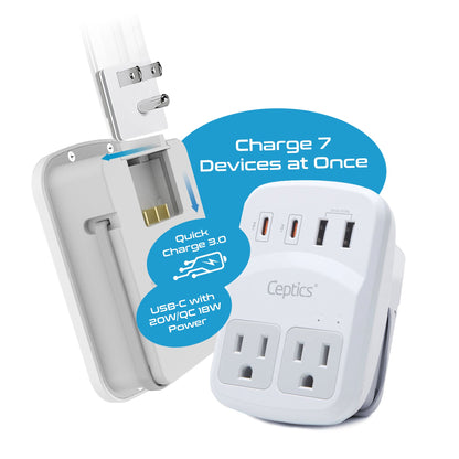 World-Way 6 Travel Adapter Kit | 2 USB-A + 2USB-C + 2 US Outlets - Grounded (WPS-5B)