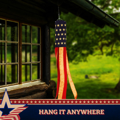 G128 Windsock 60 Inch Tea-Stained US Flag Windstock 60 in Embroidered Stars and Stripes Patriotic Hanging Decoration