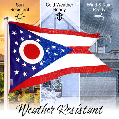G128 Ohio OH State Flag | 2x3 Ft | StormFlyer Series Embroidered 220GSM Spun Polyester | Embroidered Design, Indoor/Outdoor, Brass Grommets, Heavy Duty, All Weather