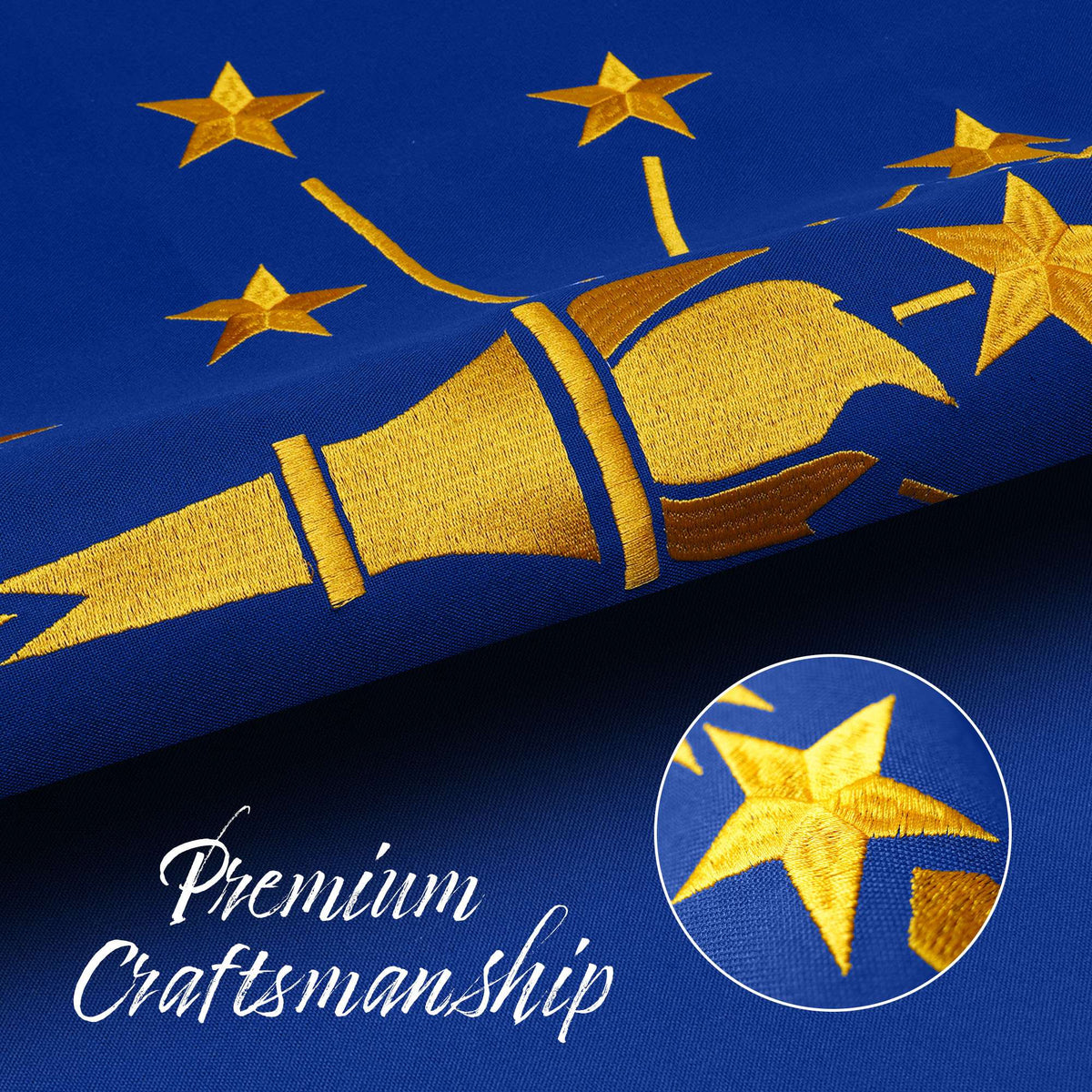 G128 Indiana State Flag | 4x6 Ft | StormFlyer Series Embroidered 220GSM Spun Polyester | Embroidered Design, Indoor/Outdoor, Brass Grommets, Heavy Duty, All Weather
